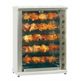 Roller Grill RBE 200 elektromos kvartz grillcsirke sütő, 5 nyárssal, 20 csirkéhez, melegentartó alsó tálcával